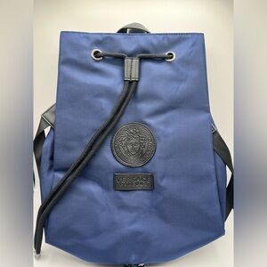 NEW Versace Parfums Blue Black Nylon Medusa Logo Backpack Carry-on Authentic